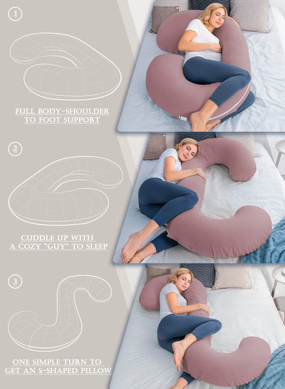 Cooling Pregnancy Pillow, Maternity Pillow with Soft Cotton Cover, C Shaped for Pregnant Sleeping (Cooling Cotton-Pink)